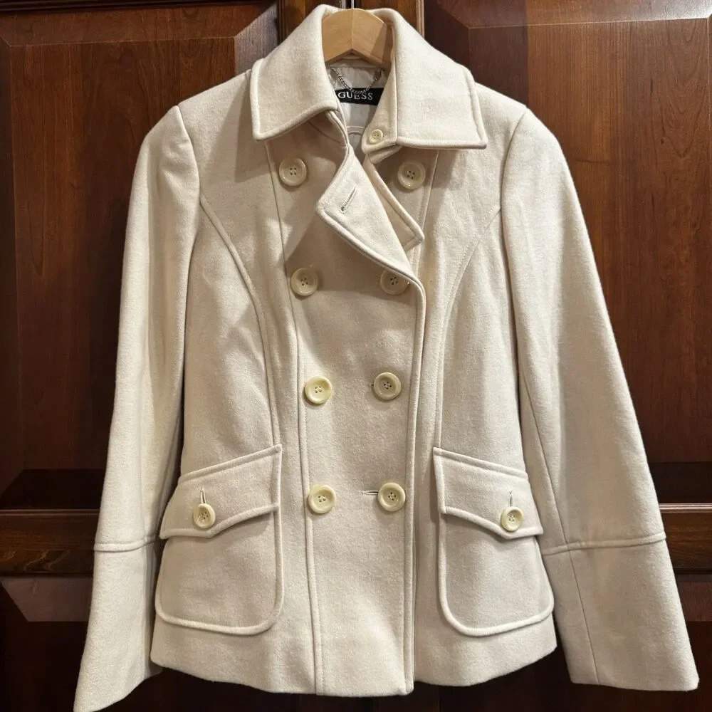 Guess Women’s Wool Blend Cream Pea Coat Double Breasted Size Small - Picture 5 of 16